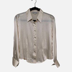 Kazu Womens Champagne Silk Button Down Blouse Medium Pearl Luxe Minimal Elegant